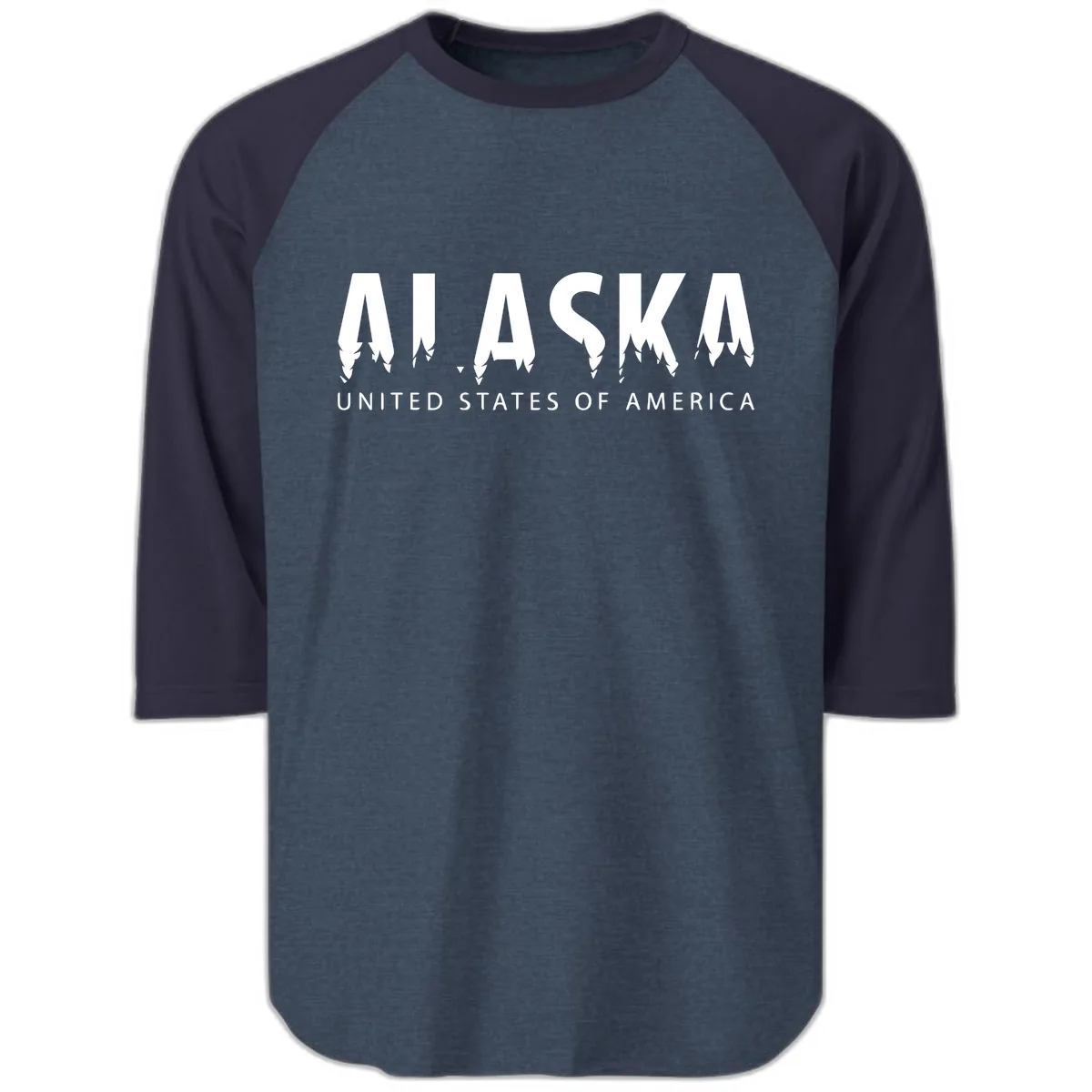 Alaska USA Map Design Raglan 3/4 in Heather Denim Navy