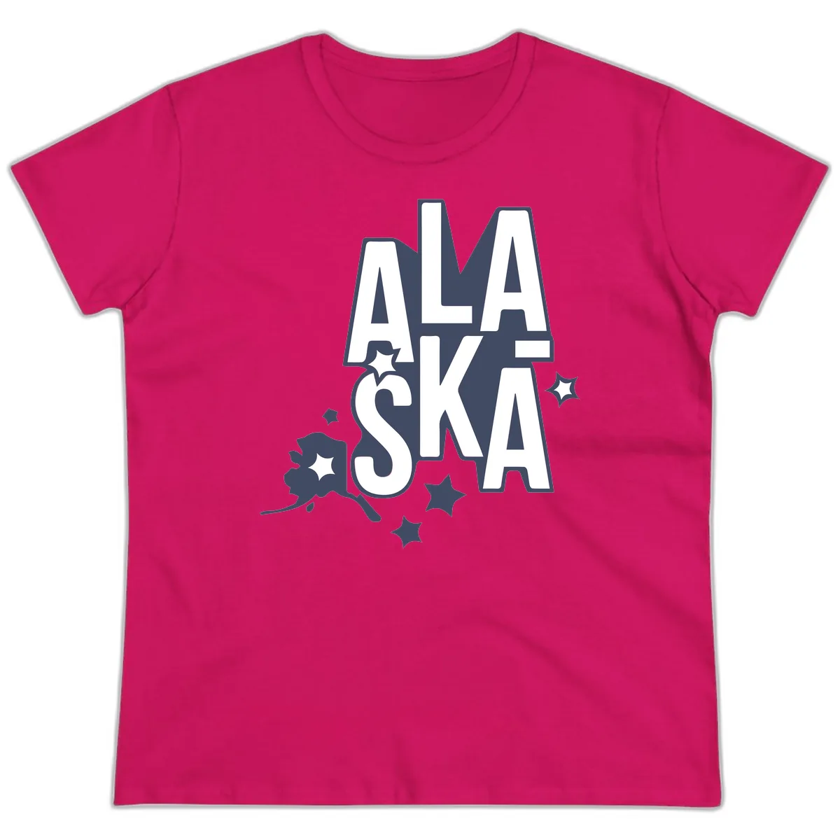 Alaska Bound Adventure Typography Ladies Tee in Heliconia