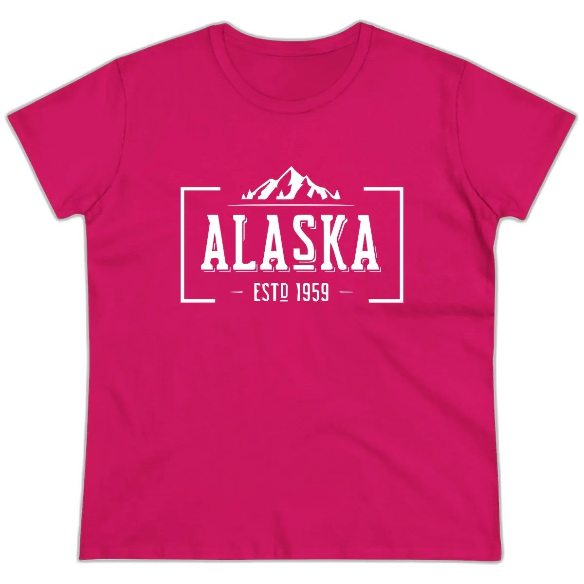 Alaska Mountain Vintage Badge Ladies Tee in Heliconia