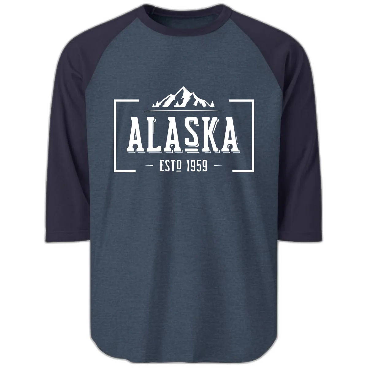 Alaska Mountain Vintage Badge Raglan 3/4 in Heather Denim Navy