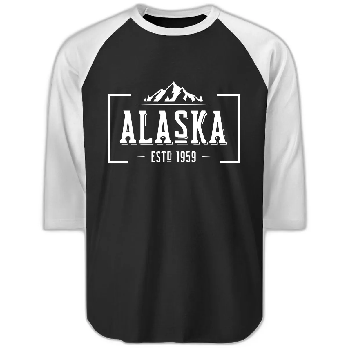 Alaska Mountain Vintage Badge Raglan 3/4 in Black White