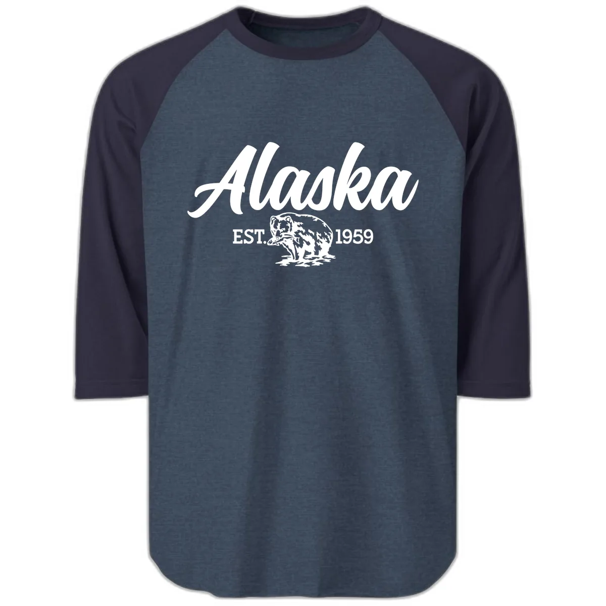 Alaskan Bear Established 1959 Raglan 3/4 in Heather Denim Navy