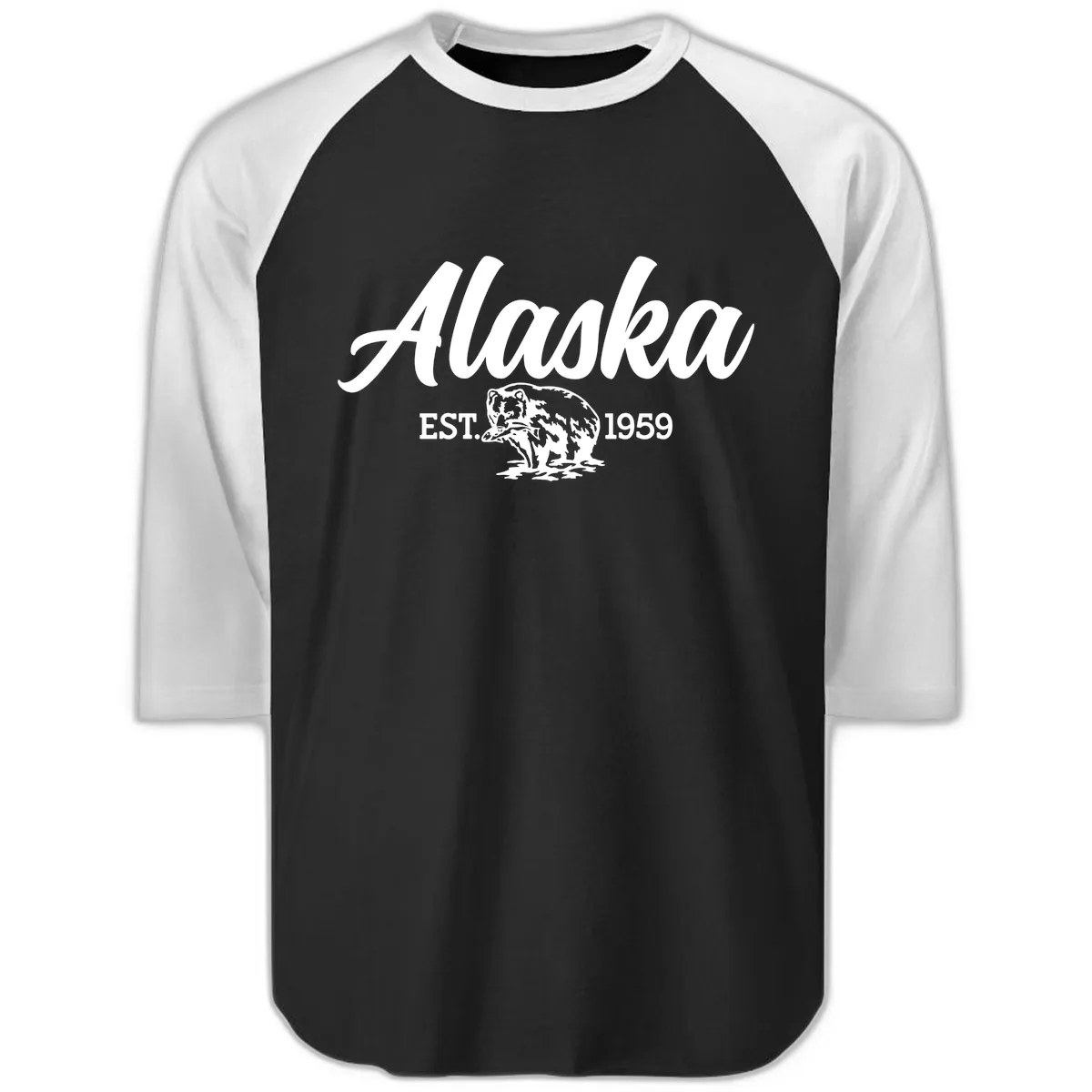 Alaskan Bear Established 1959 Raglan 3/4 in Black White