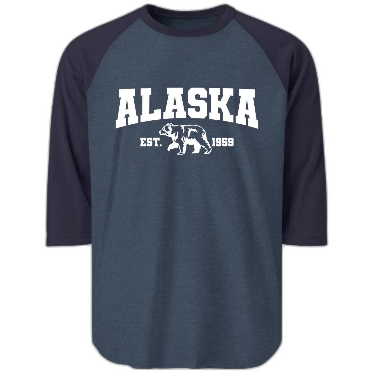 Alaska Bear Est. 1959 Raglan 3/4 in Heather Denim Navy