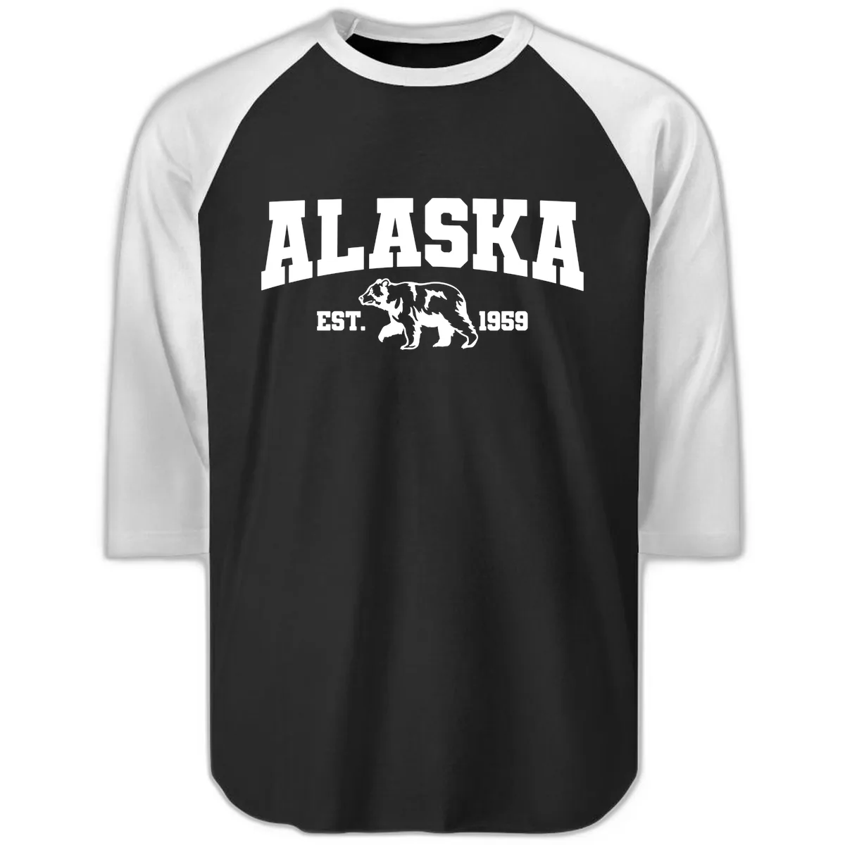 Alaska Bear Est. 1959 Raglan 3/4 in Black White