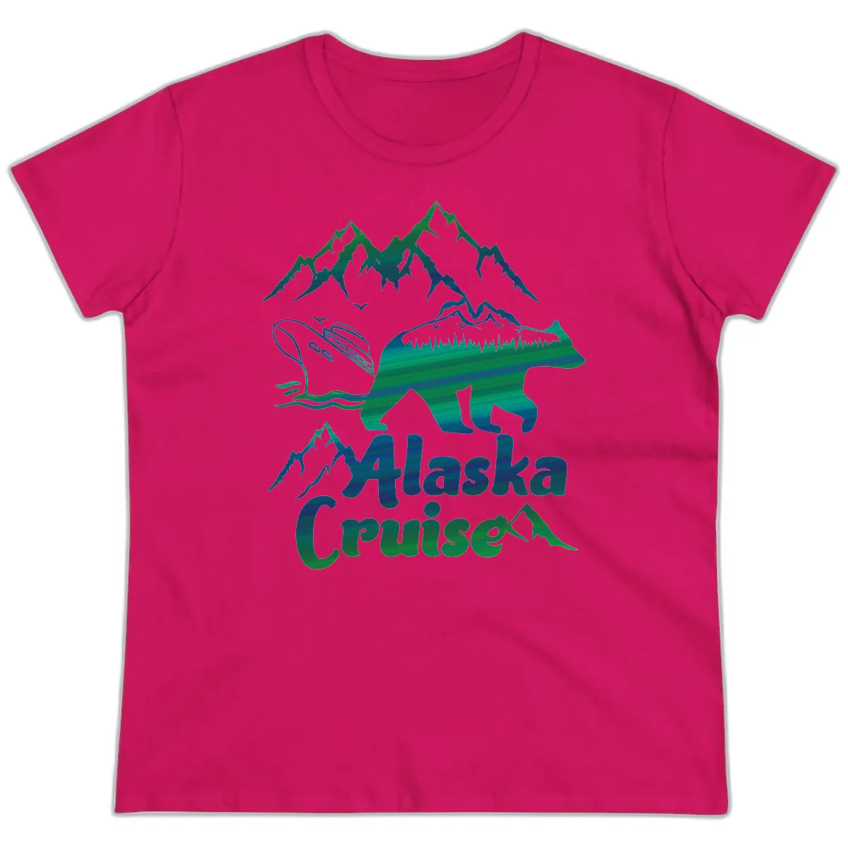Alaska Cruise Bear Adventure Ladies Tee in Heliconia