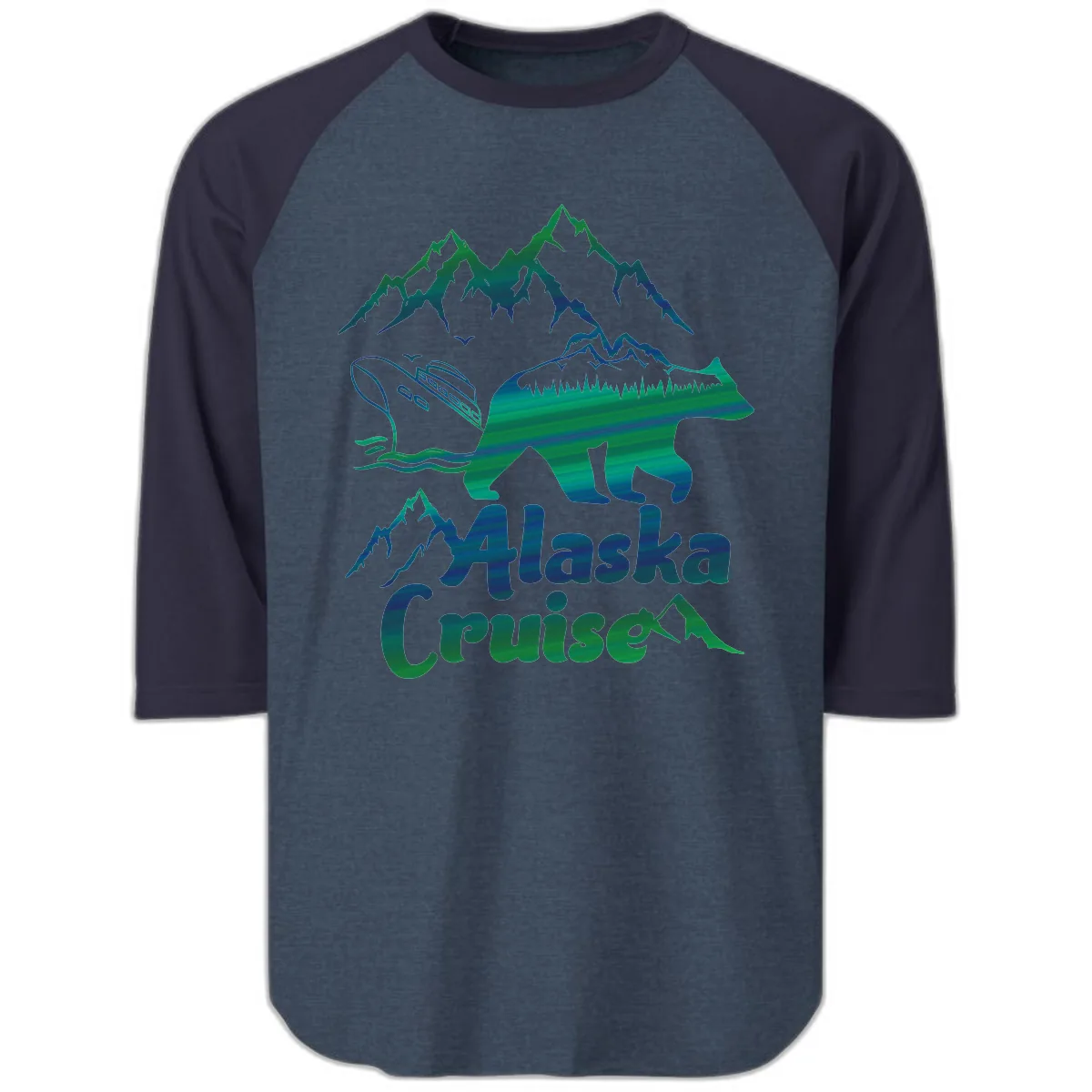 Alaska Cruise Bear Adventure Raglan 3/4 in Heather Denim Navy
