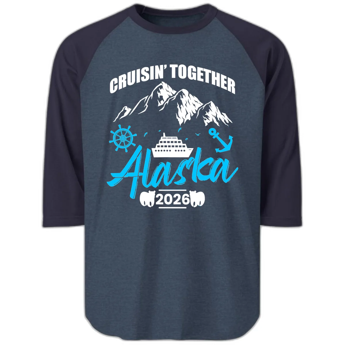 All Aboard Nautical Cruise Design Raglan 3/4 in Heather Denim Navy