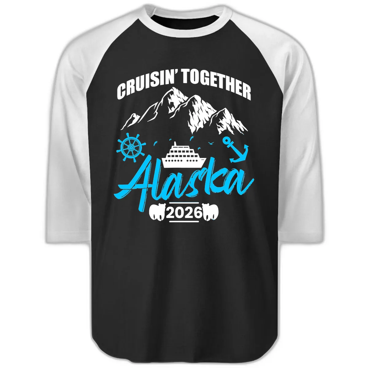 All Aboard Nautical Cruise Design Raglan 3/4 in Black White