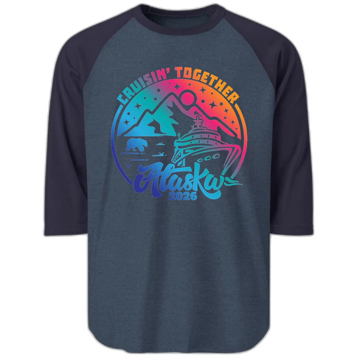 Cruisin' Together Alaska 2026 Raglan 3/4 in Heather Denim Navy