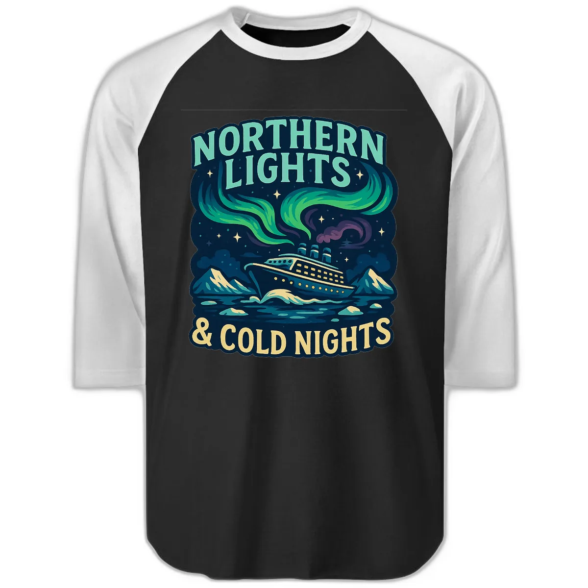 Northern Lights & Cold Nights Raglan 3/4 in Black White