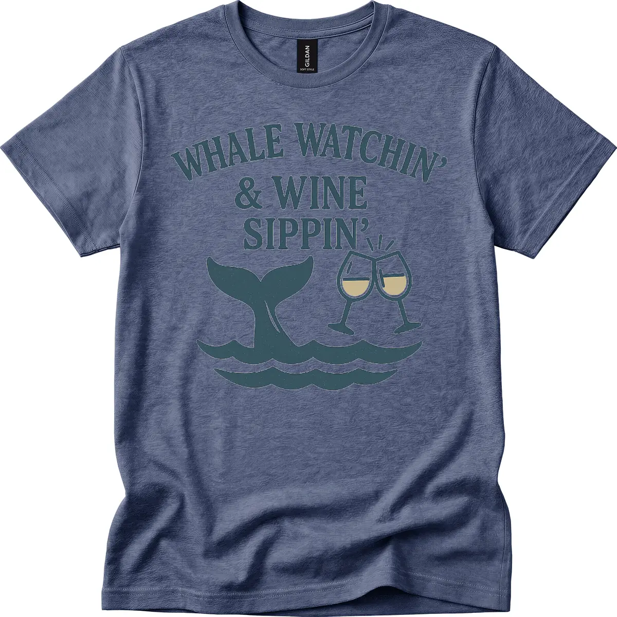 Whale Watchin' & Wine Sippin' T-Shirt in Heather Navy