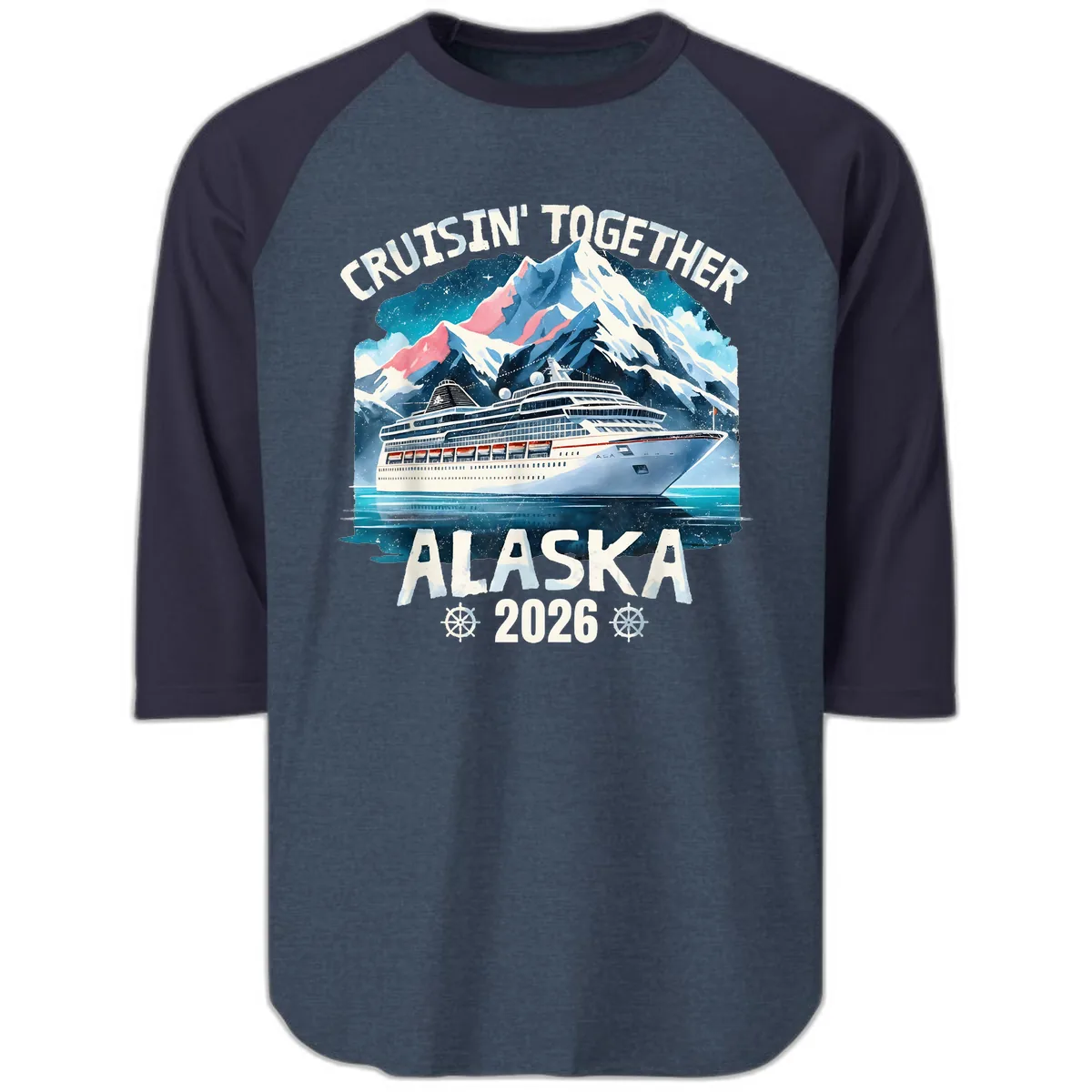 Cruising Into Alaska 2025 Raglan 3/4 in Heather Denim Navy