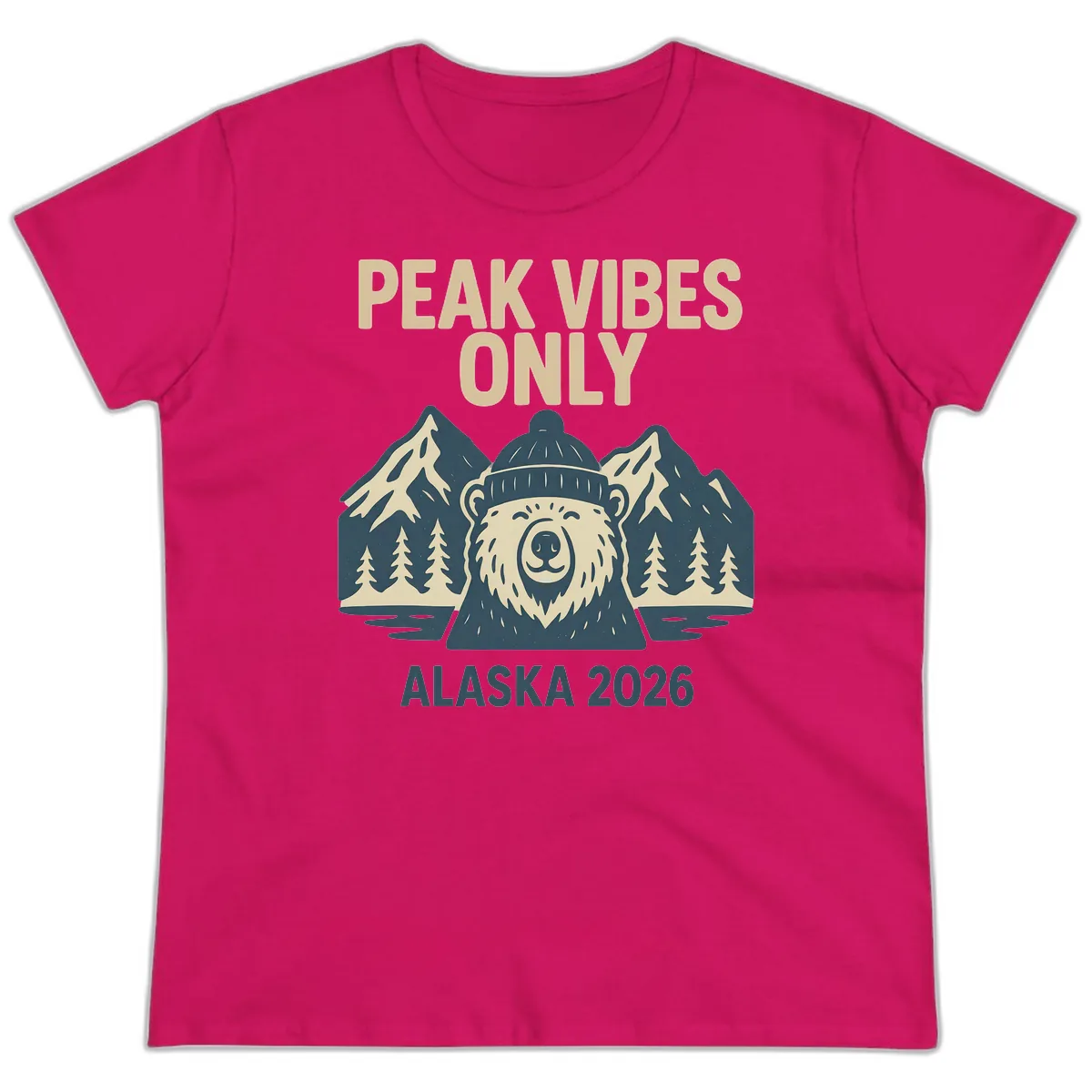 Peak Vibes Only Alaska 2026 Ladies Tee in Heliconia
