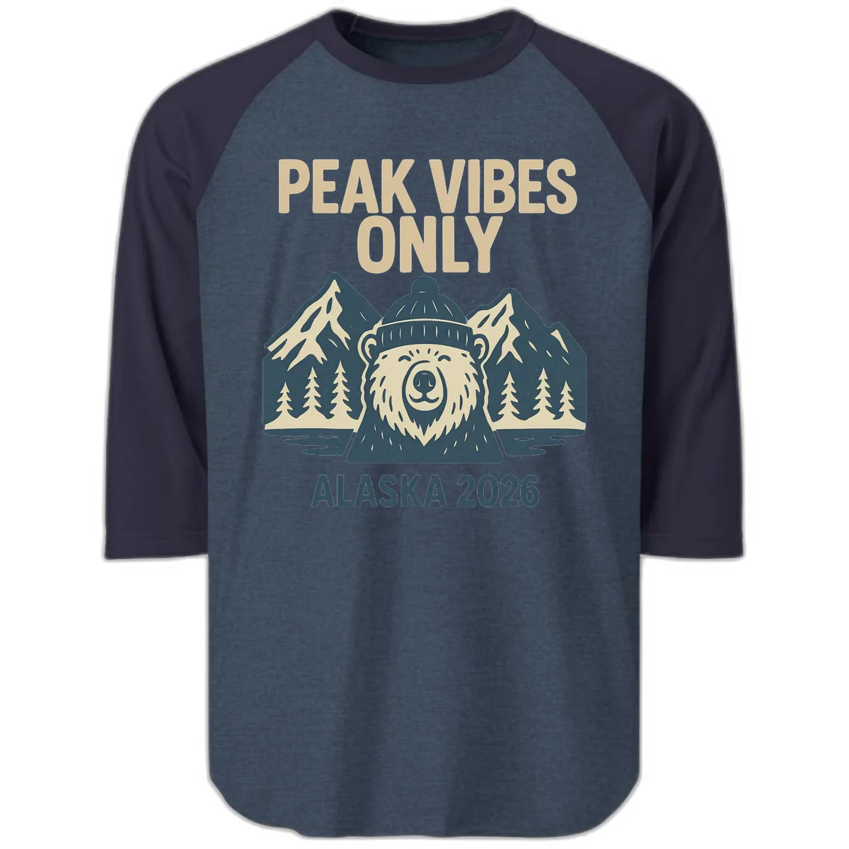 Peak Vibes Only Alaska 2026 Raglan 3/4 in Heather Denim Navy