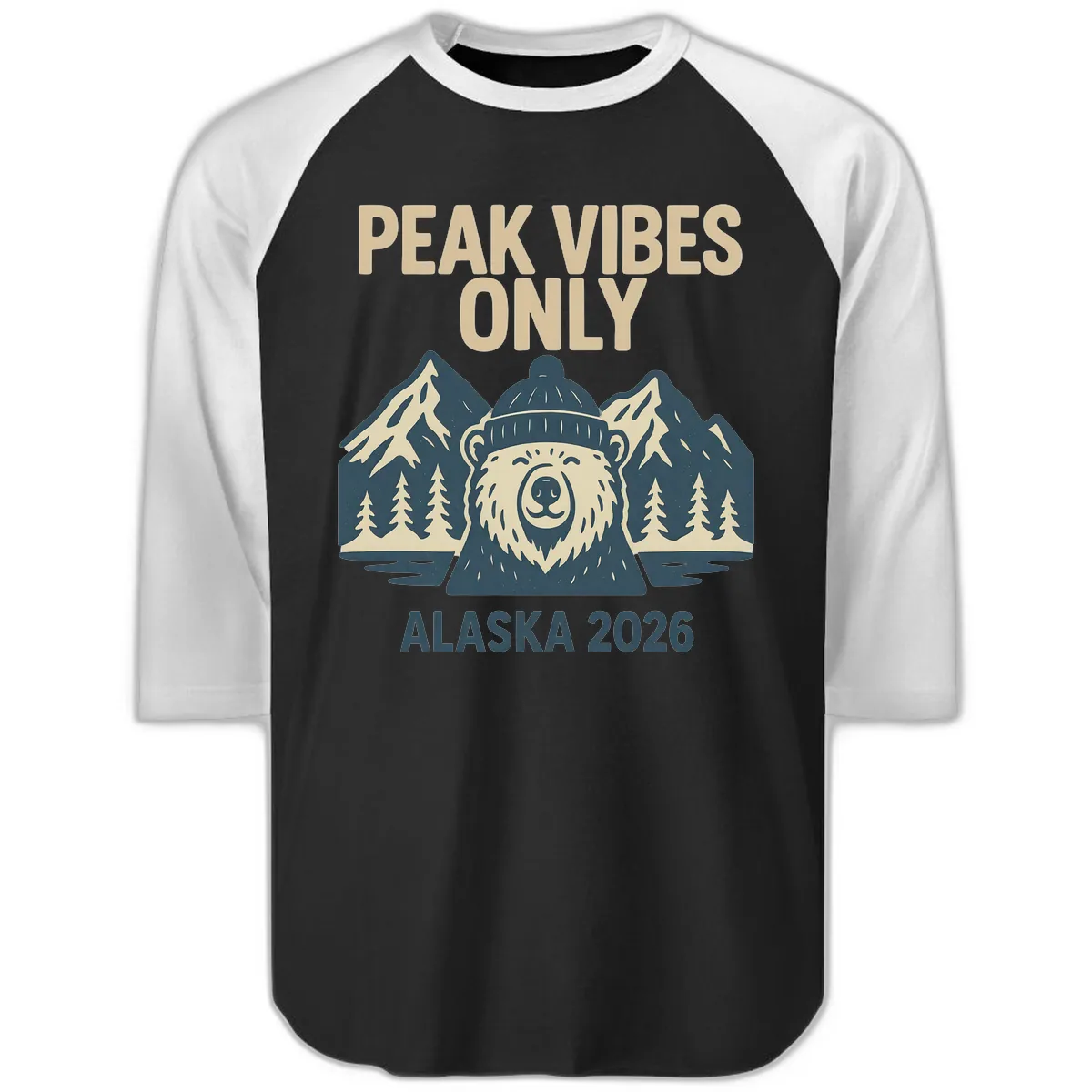 Peak Vibes Only Alaska 2026 Raglan 3/4 in Black White