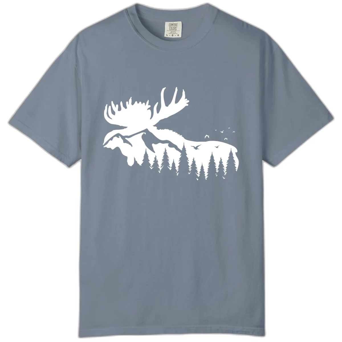 Moose Mountain Forest Silhouette Comfort Color in Blue Jean
