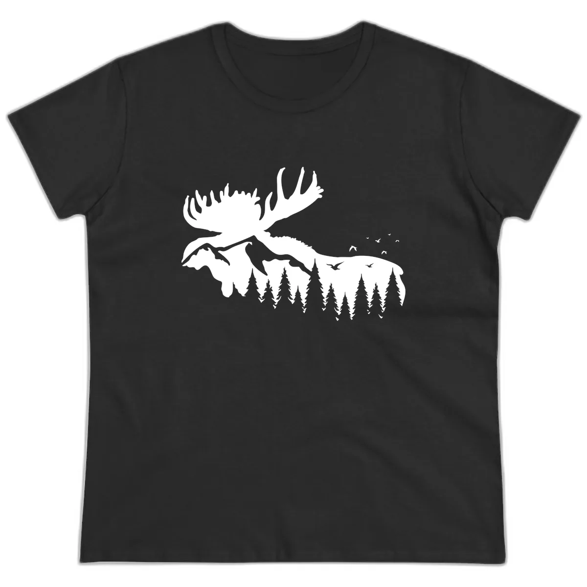 Moose Mountain Forest Silhouette Ladies Tee in Black