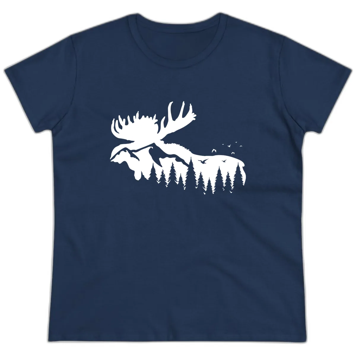 Moose Mountain Forest Silhouette Ladies Tee in Navy