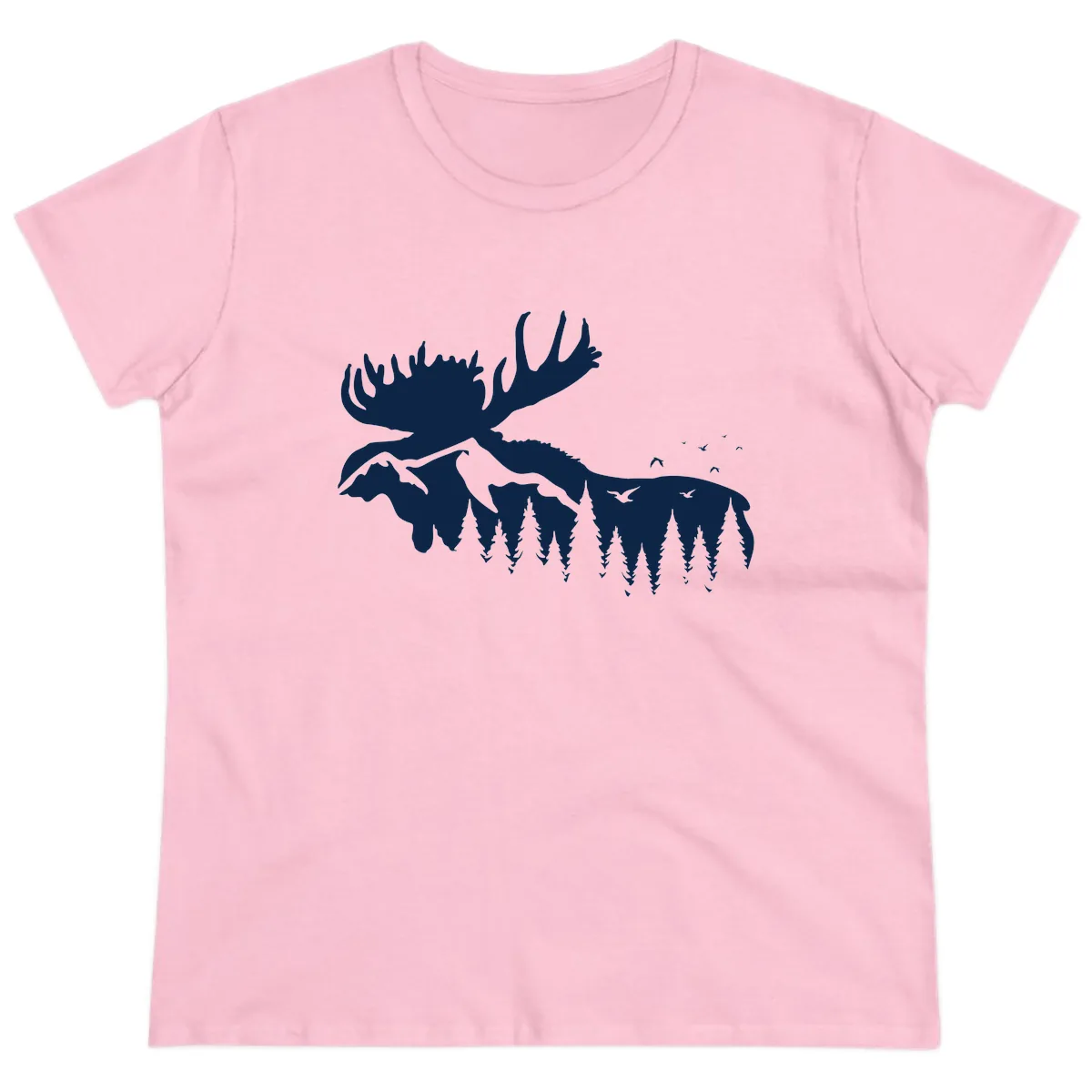 Moose Mountain Forest Silhouette Ladies Tee in Light Pink
