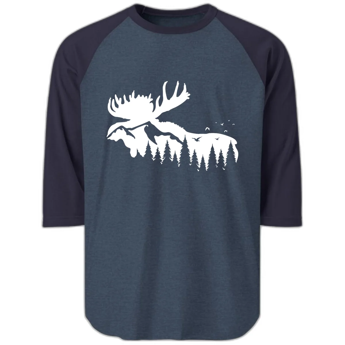 Moose Mountain Forest Silhouette Raglan 3/4 in Heather Denim Navy