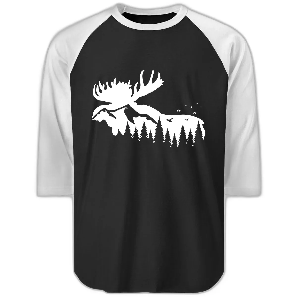 Moose Mountain Forest Silhouette Raglan 3/4 in Black White
