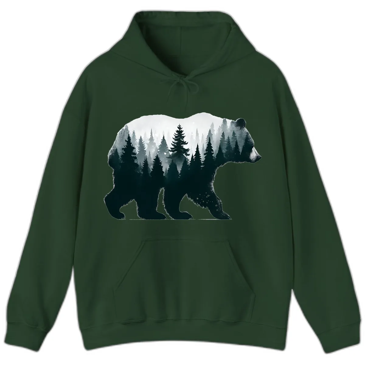 Bear in the Forest Double Exposure Hoodie in Forest Green