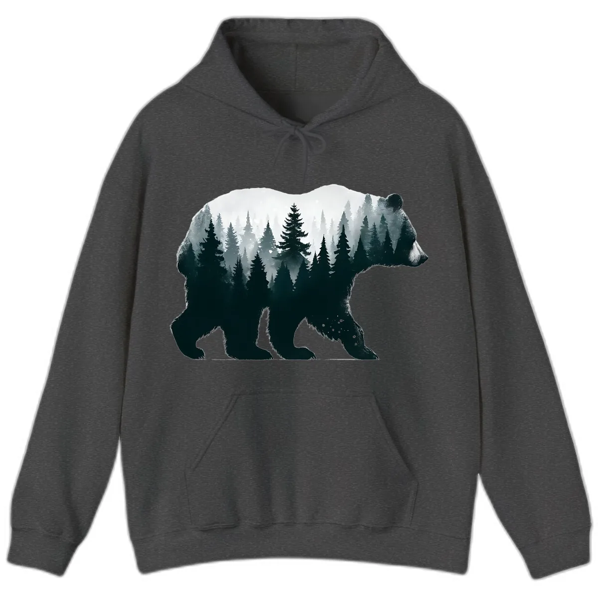Bear in the Forest Double Exposure Hoodie in Dark Heather