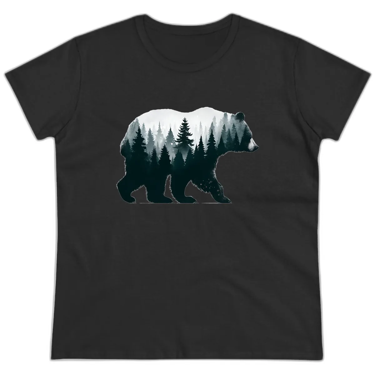 Bear in the Forest Double Exposure Ladies Tee in Black