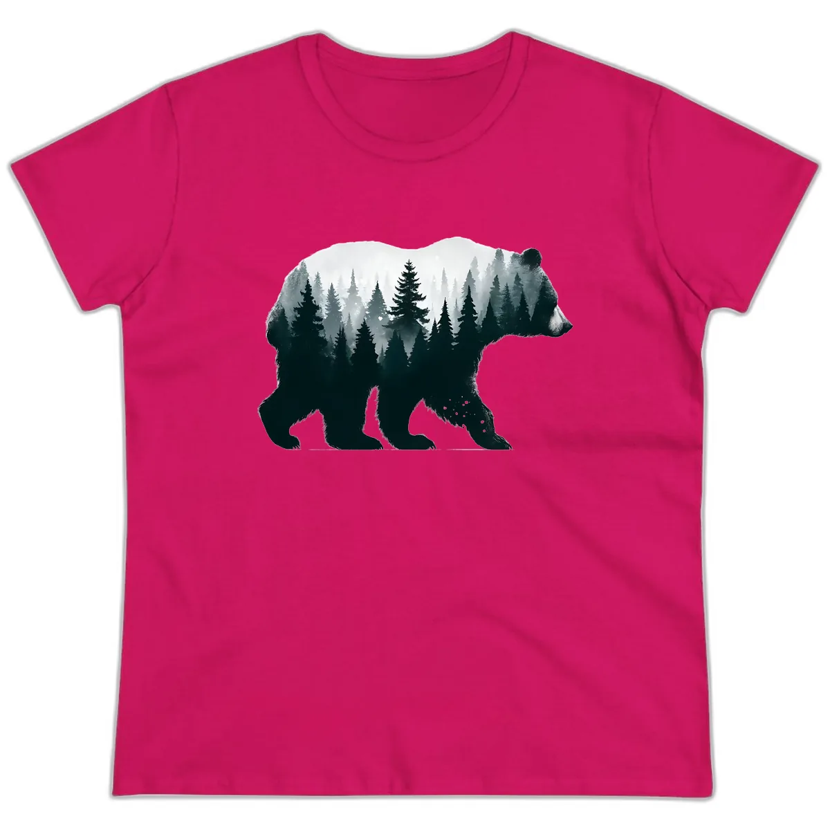 Bear in the Forest Double Exposure Ladies Tee in Heliconia
