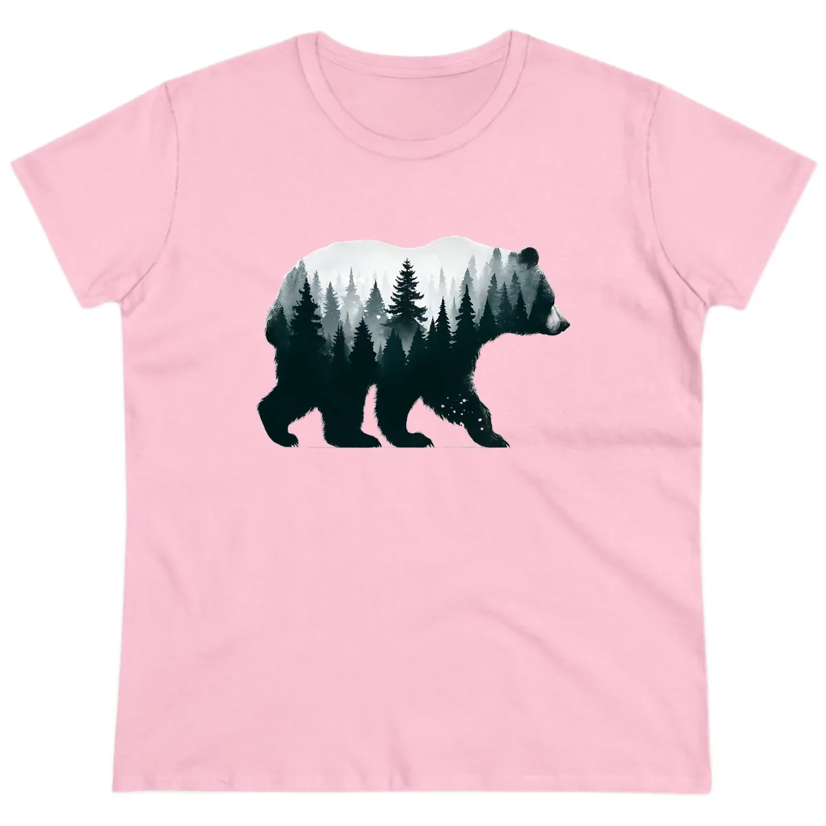 Bear in the Forest Double Exposure Ladies Tee in Light Pink