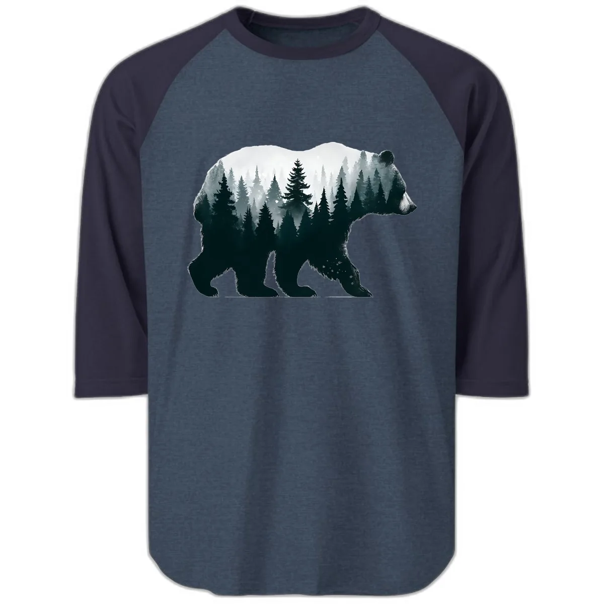 Bear in the Forest Double Exposure Raglan 3/4 in Heather Denim Navy