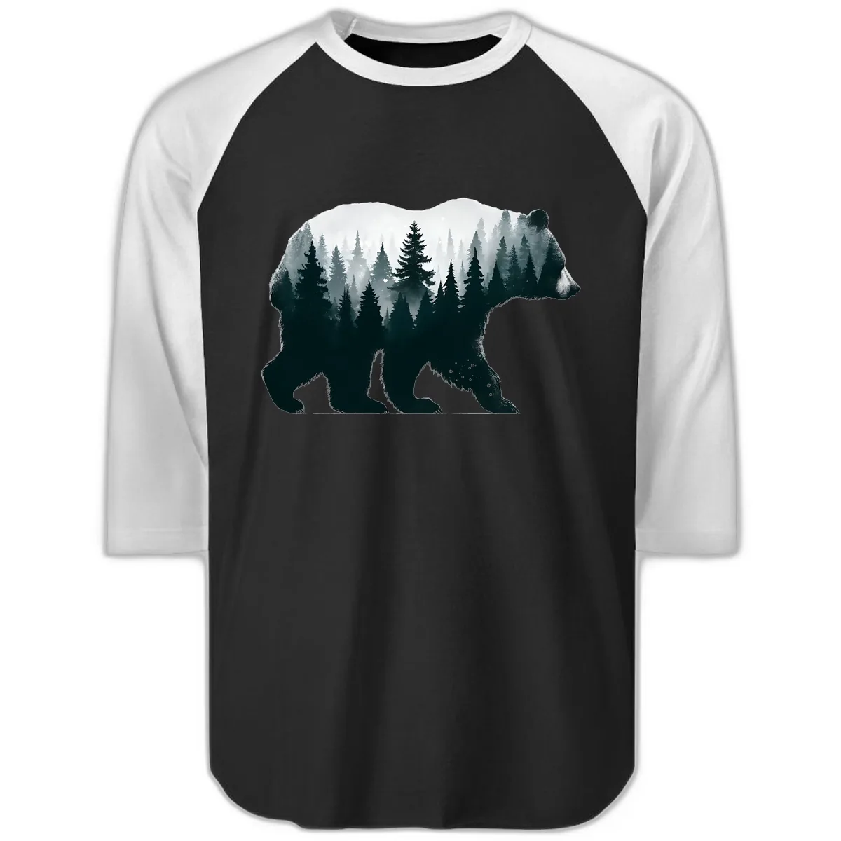 Bear in the Forest Double Exposure Raglan 3/4 in Black White