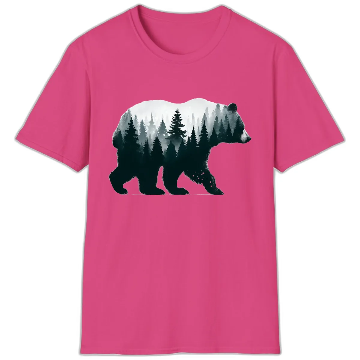 Bear in the Forest Double Exposure T-Shirt in Heliconia