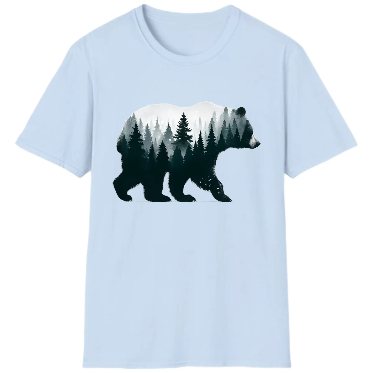 Bear in the Forest Double Exposure T-Shirt in Light Blue