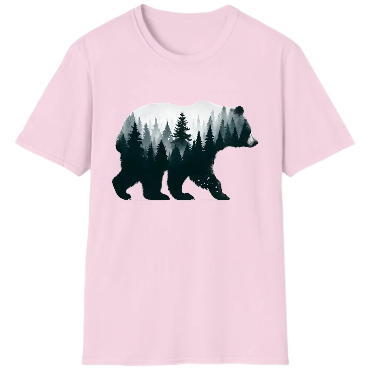 Bear in the Forest Double Exposure T-Shirt in Light Pink