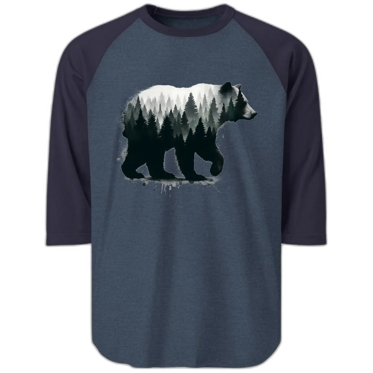 Bear Forest Double Exposure Raglan 3/4 in Heather Denim Navy