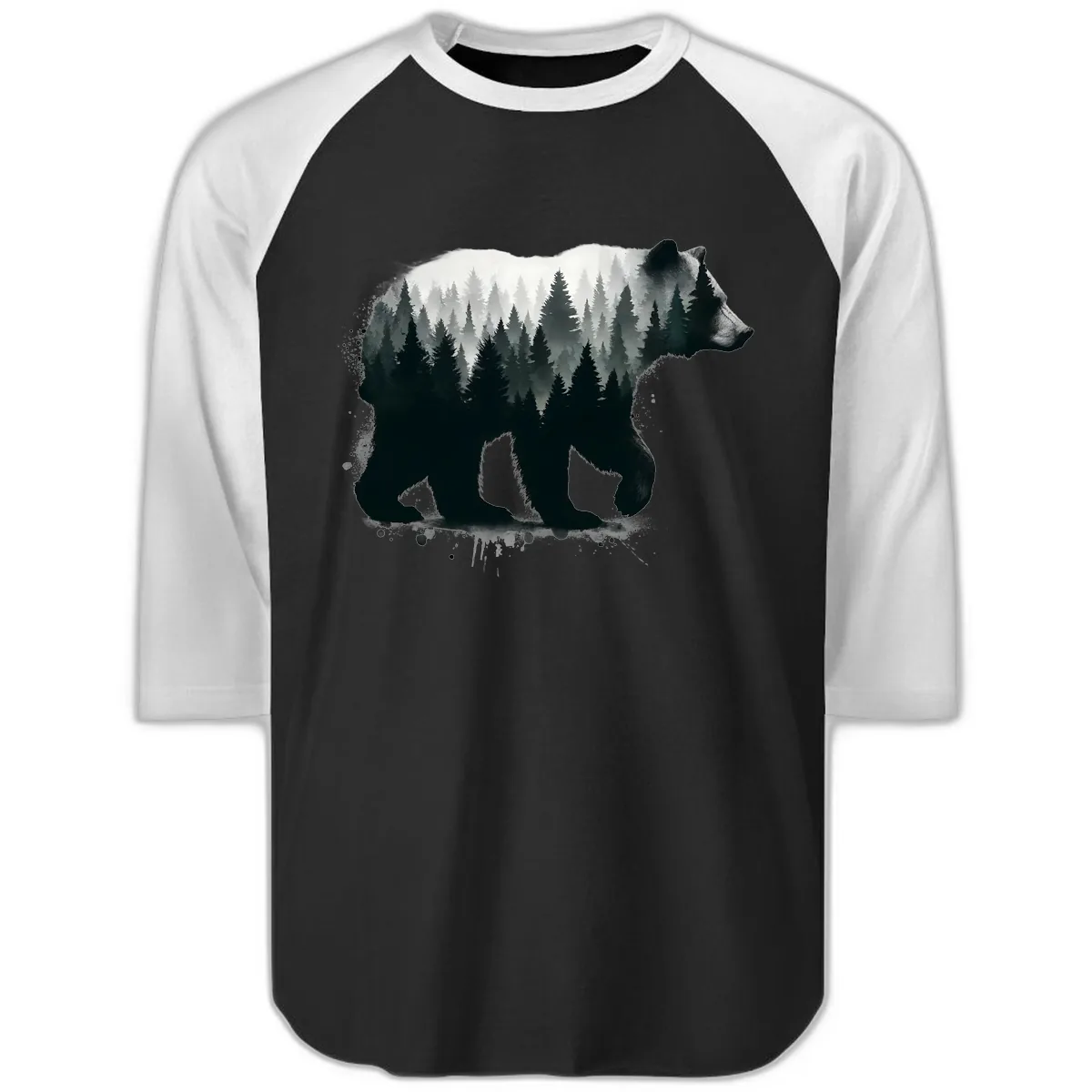 Bear Forest Double Exposure Raglan 3/4 in Black White