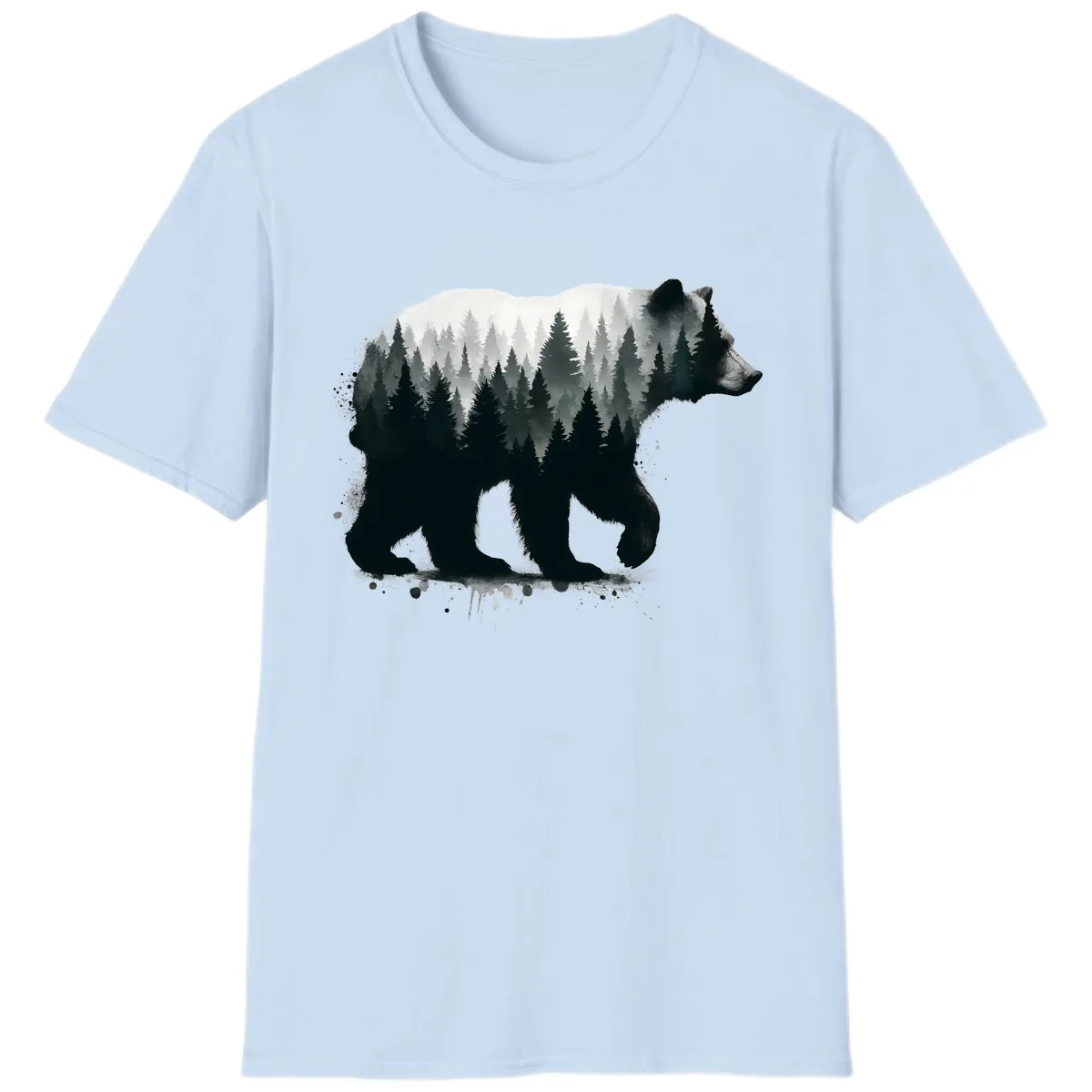 Bear Forest Double Exposure T-Shirt in Light Blue