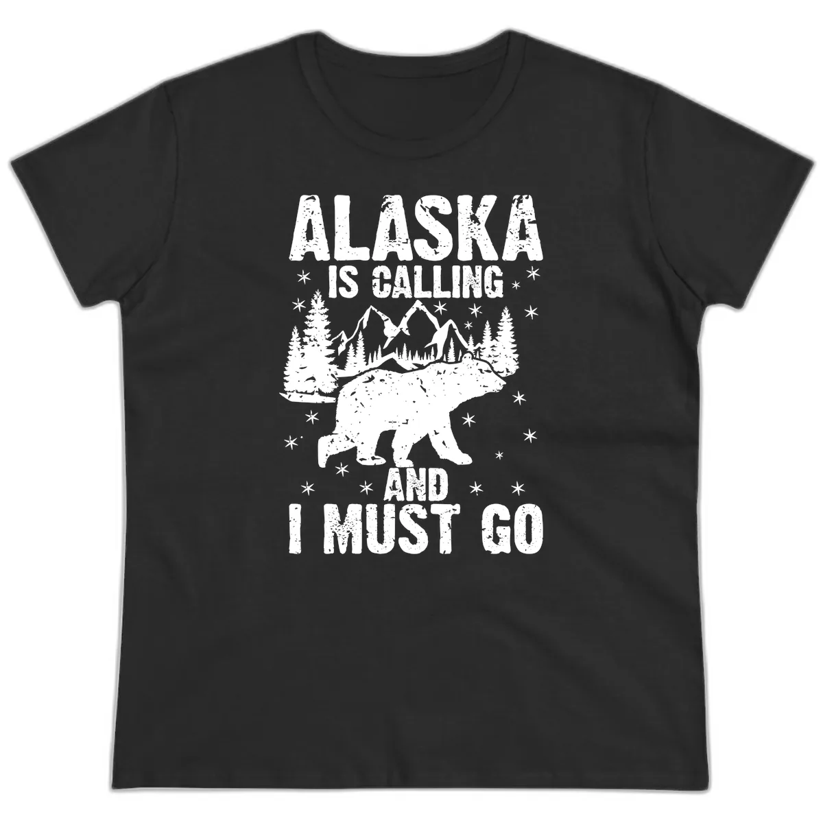 Alaska Is Calling And I Must Go Ladies Tee in Black