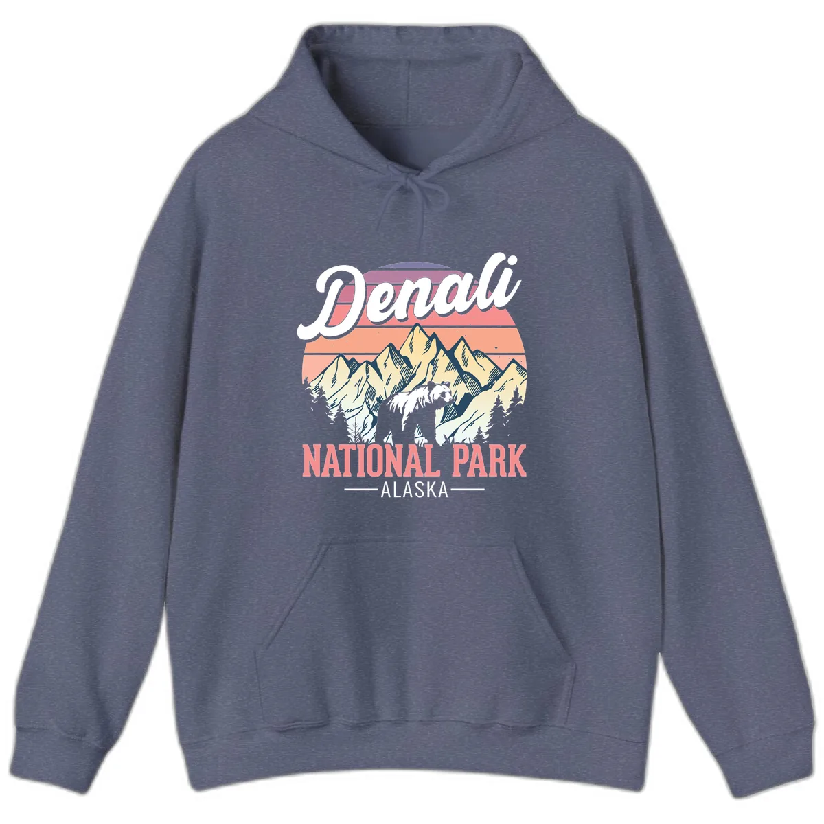 Denali National Park Sunset Peaks Hoodie in Heather Navy