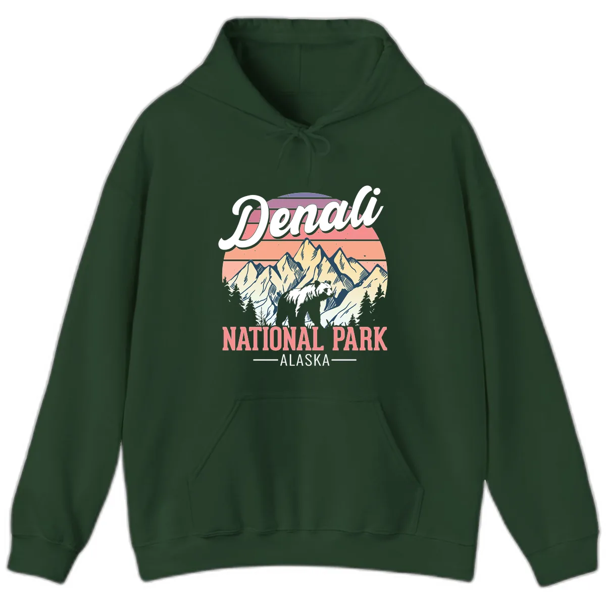 Denali National Park Sunset Peaks Hoodie in Forest Green