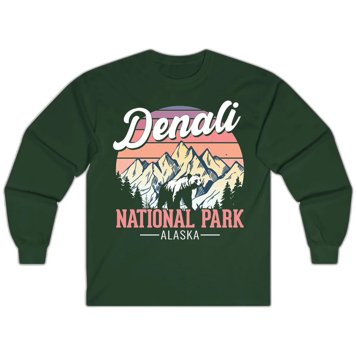 Denali National Park Sunset Peaks Long Sleeve in Forest Green