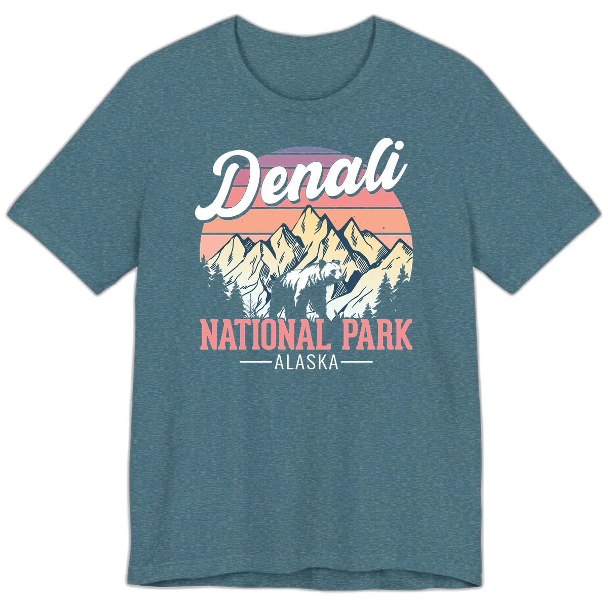 Denali National Park Sunset Peaks Premium T-Shirt in Heather Deep Teal