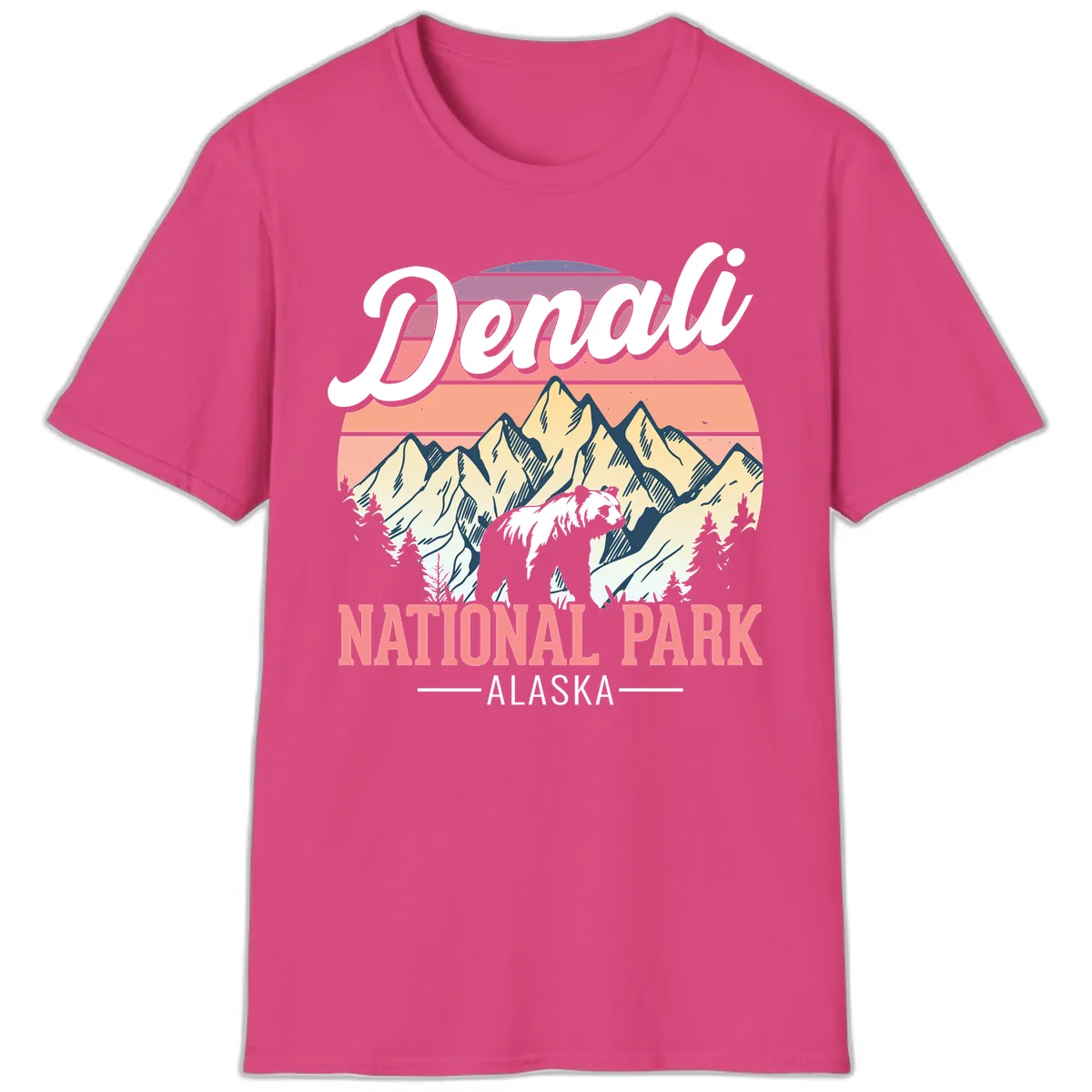 Denali National Park Sunset Peaks T-Shirt in Heliconia