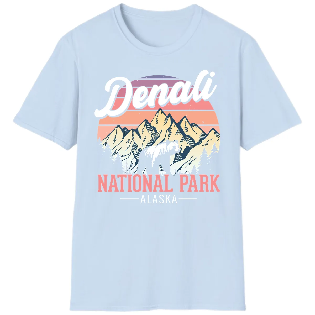 Denali National Park Sunset Peaks T-Shirt in Light Blue