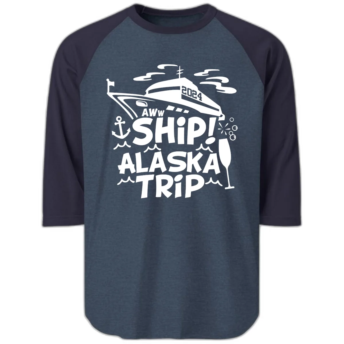 Aww Ship Alaska Trip 2024 Raglan 3/4 in Heather Denim Navy