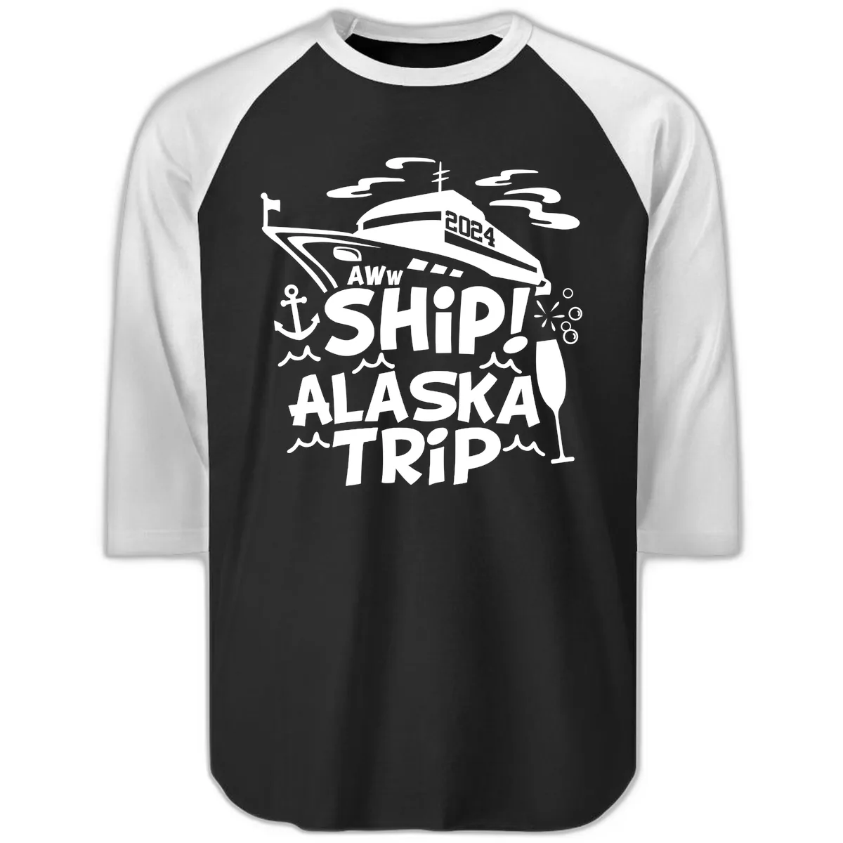 Aww Ship Alaska Trip 2024 Raglan 3/4 in Black White