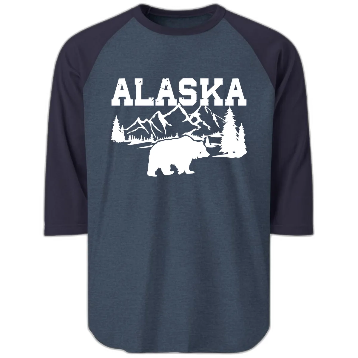 Alaska Bear Mountain Wilderness Cruise Raglan 3/4 in Heather Denim Navy