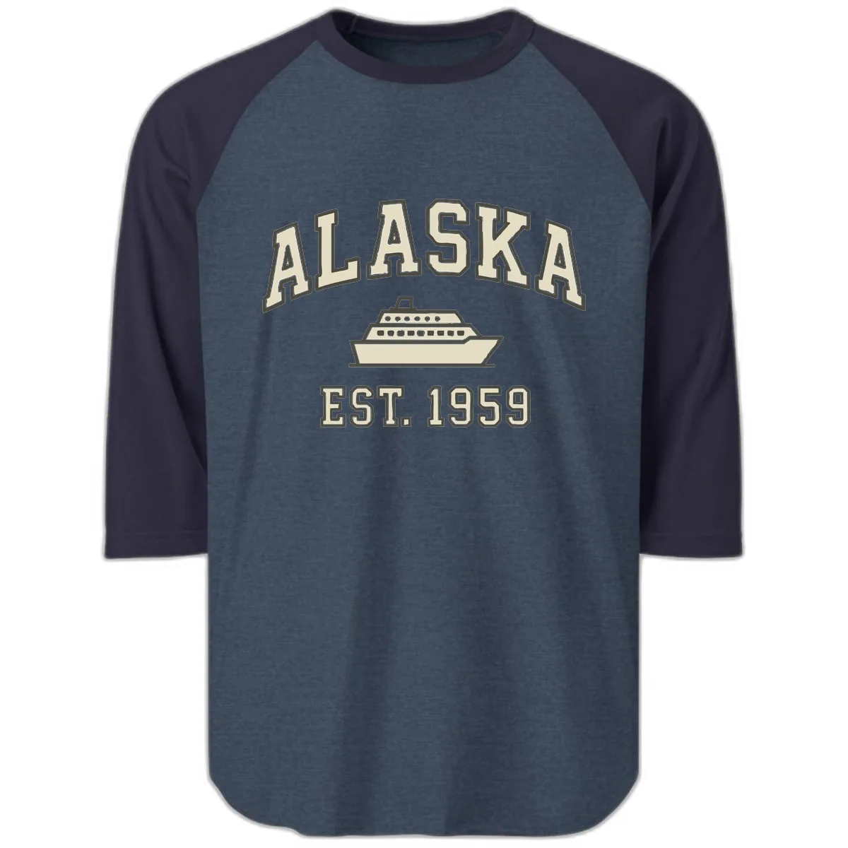 Alaska Cruise Est 1959 Vintage Ship Raglan 3/4 in Heather Denim Navy